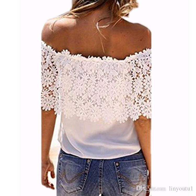2020 Hot Fashion Women Summer Lace Crochet Off Shoulder Chiffon Shirt Casual Tops Blouse crop top women t shirt