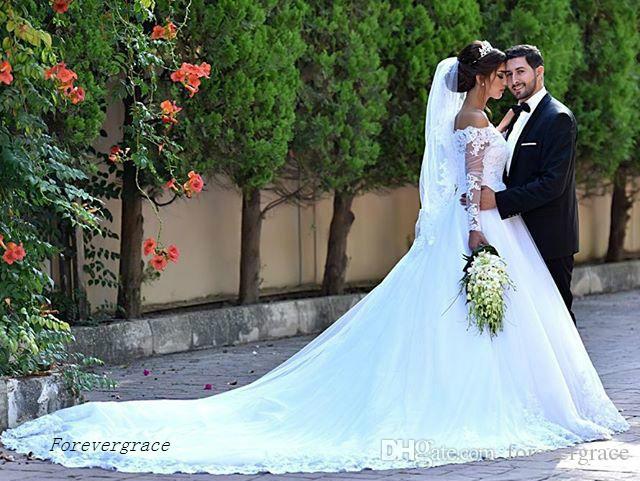 2019 Classical Long Sleeves Wedding Dress Arabic Lace Appliques Off the Shoulder Bridal Gown Custom Made Plus Size