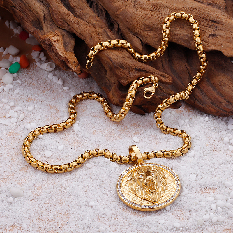 316L Stainless Steel Lion Head Round Pendants Necklace Men's Hip Hop Jewelry Cubic Zirconia 18K Gold Plated with 6mm Chain