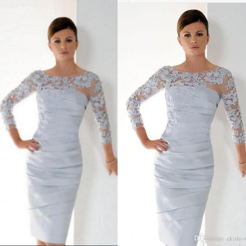 Scoop Neck Lace Appliques Short Mother Dresses 3/4 Sleeves Knee Length Pleats Ruched Plus Size Women Formal Evening Gowns