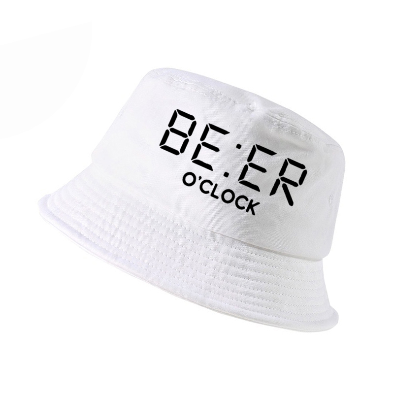 

100% cotton funny BEER OCLOCK print men fisherman hats cool summer funny men women bucket hat outdoor panama fishing cap, White