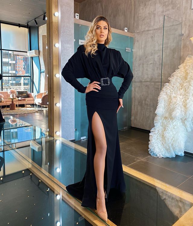 2020 Black Evening Dresses High Neck Ruffles High Side Split Mermaid Prom Dresses Custom Made Long Sleeve Formal Party Gowns