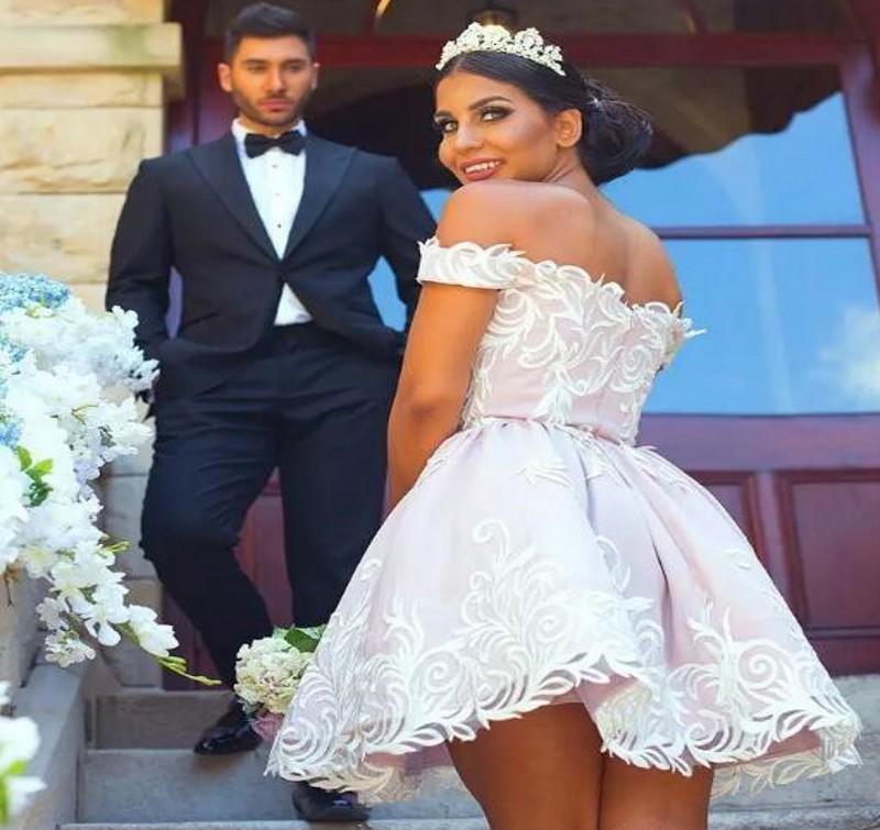 2019 Cheap Arabic Pink Off Shoulder Wedding Dress Fashion A Line Mini Short Backless Club Wear Homecoming Party Dress Plus Size Custom Mak