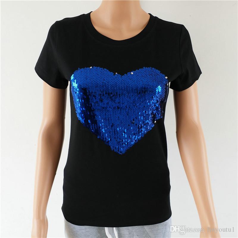 2020 high quality lady top Womens t shirt Heart Sequins O Neck Long Sleeve T Shirt Harajuku Ladies Tops Streetwear Women Clothes tee shirt