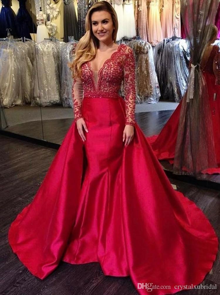 2019 New Red Mermaid Prom Dresses Detachable Overskirts V Neck Long Sleeves Lace Appliques Beaded Backless Evening Dress Party Gowns