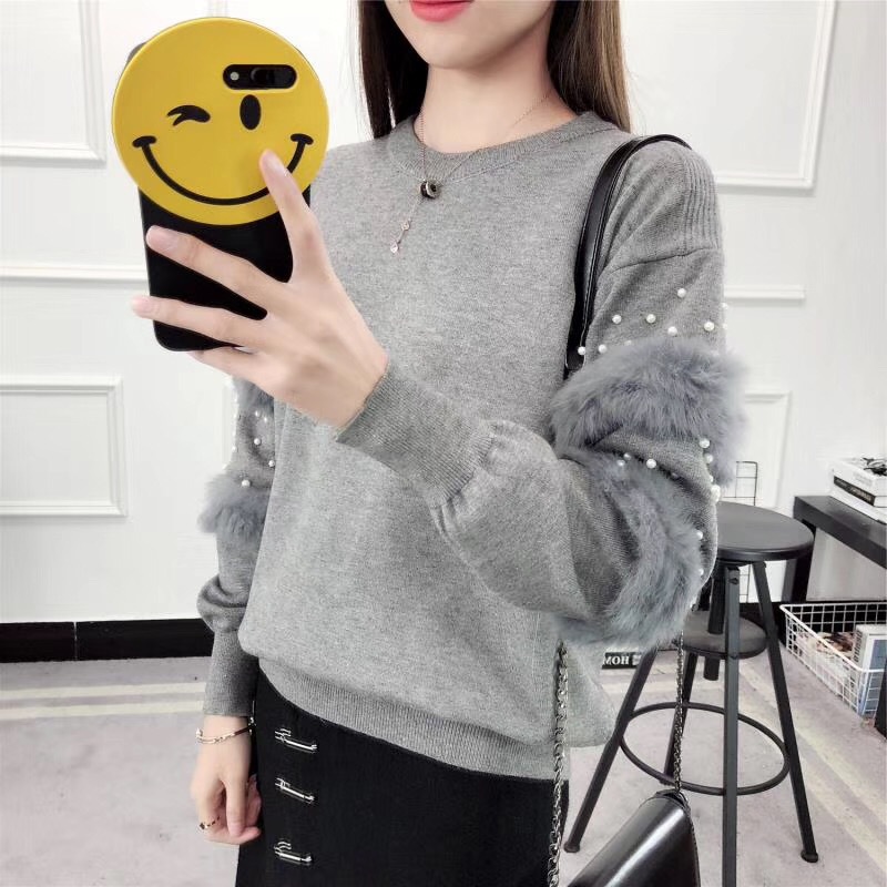 

Fashion Pearls Beading Ans Faux Fur Embellished Cuff Jumper Grey Crew Neck Casual Pullovers Autumn Elegant Long Sleeve Sweater, W002119 gray