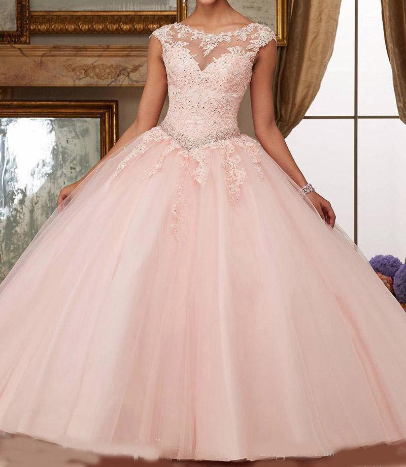 Gorgeous 2020 Quinceanera Dresses Blush Pink Bateau Neck Cap Sleeve Appliques Lace Sequins Beaded Ball Gown Sweet 16 Dresses