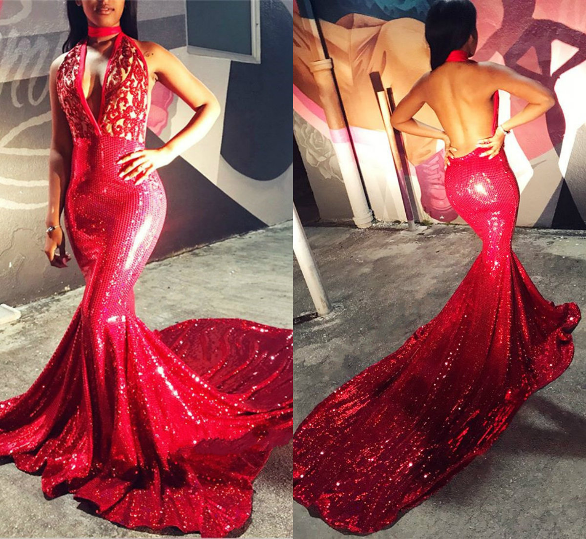 2019 Sparkly Red Mermaid Prom Dresses Halter Appliqued Sequins African Evening Dress Sweep Train Sexy Backless Formal Party Gown Custom Made