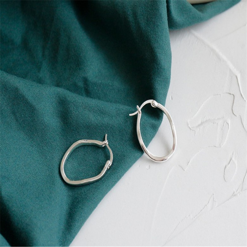 Authentic 925 Sterling Silver Hollow Circle Earrings For Women Girls Geometric Irregular Concave Convex Oval Hoop Earring