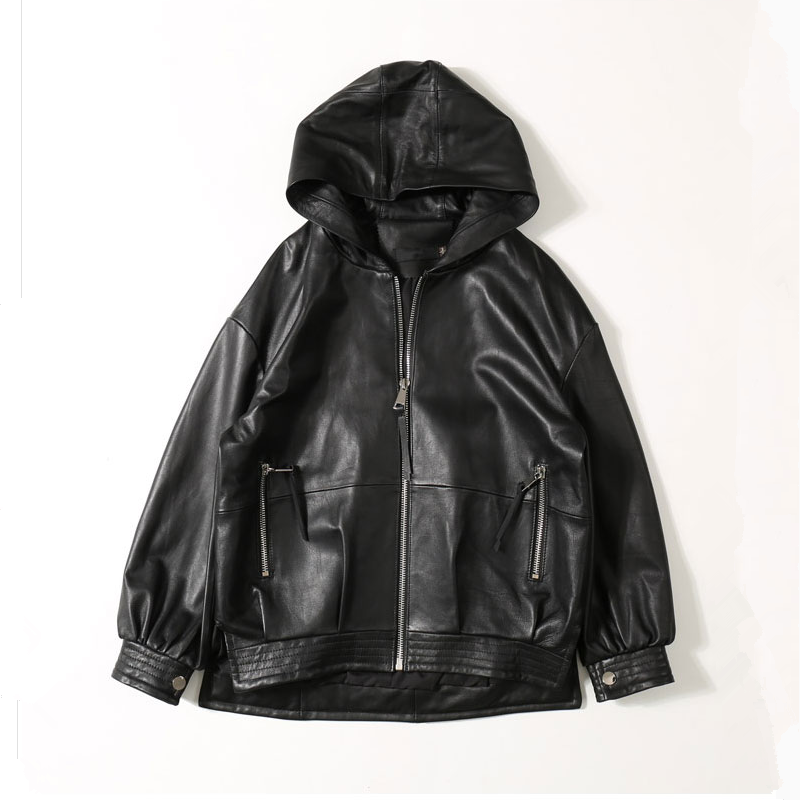 Genuine Leather 2020 spring new baseball clothing women sheepskin oversize hooded leather coat, Black
Genuine Leather 2020 spring new baseball clothing women sheepskin oversize hooded leather coat, Black