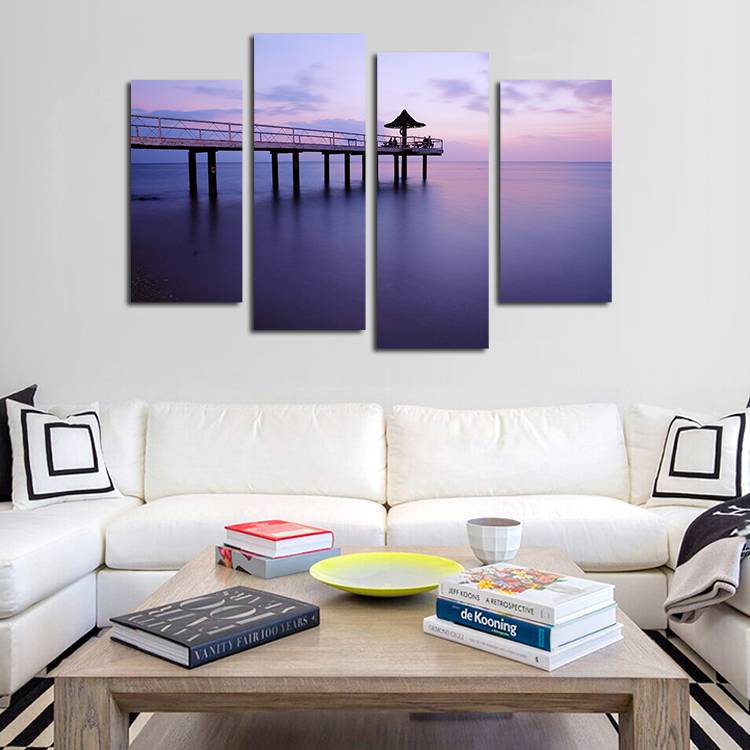 4pcs/set Unframed Purple Seaside and the Bridge Print On Canvas Wall Art Picture For Home and Living Room Decor