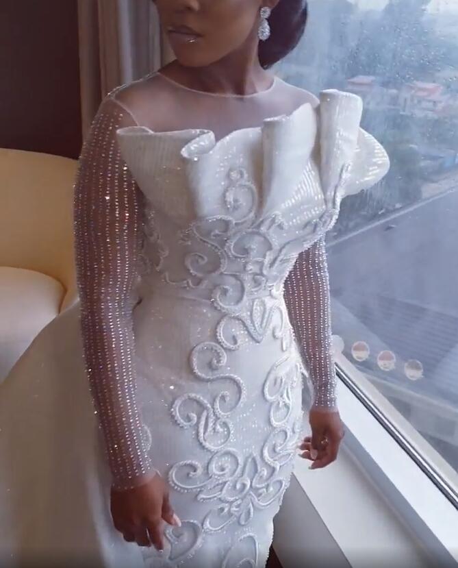 2019 Arabic Sparkly Luxurious Mermaid Wedding Dresses Sheer Neck Long Sleeves Bridal Dresses Sequined Wedding Gowns ZJ322