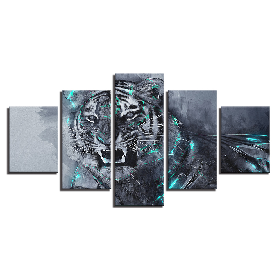 Bedroom Or Living Room Wall Decor 5 Pieces HD Printing Fierce Tiger Animals Pictures Canvas Modular Posters Framed Paintings Art(No Frame)