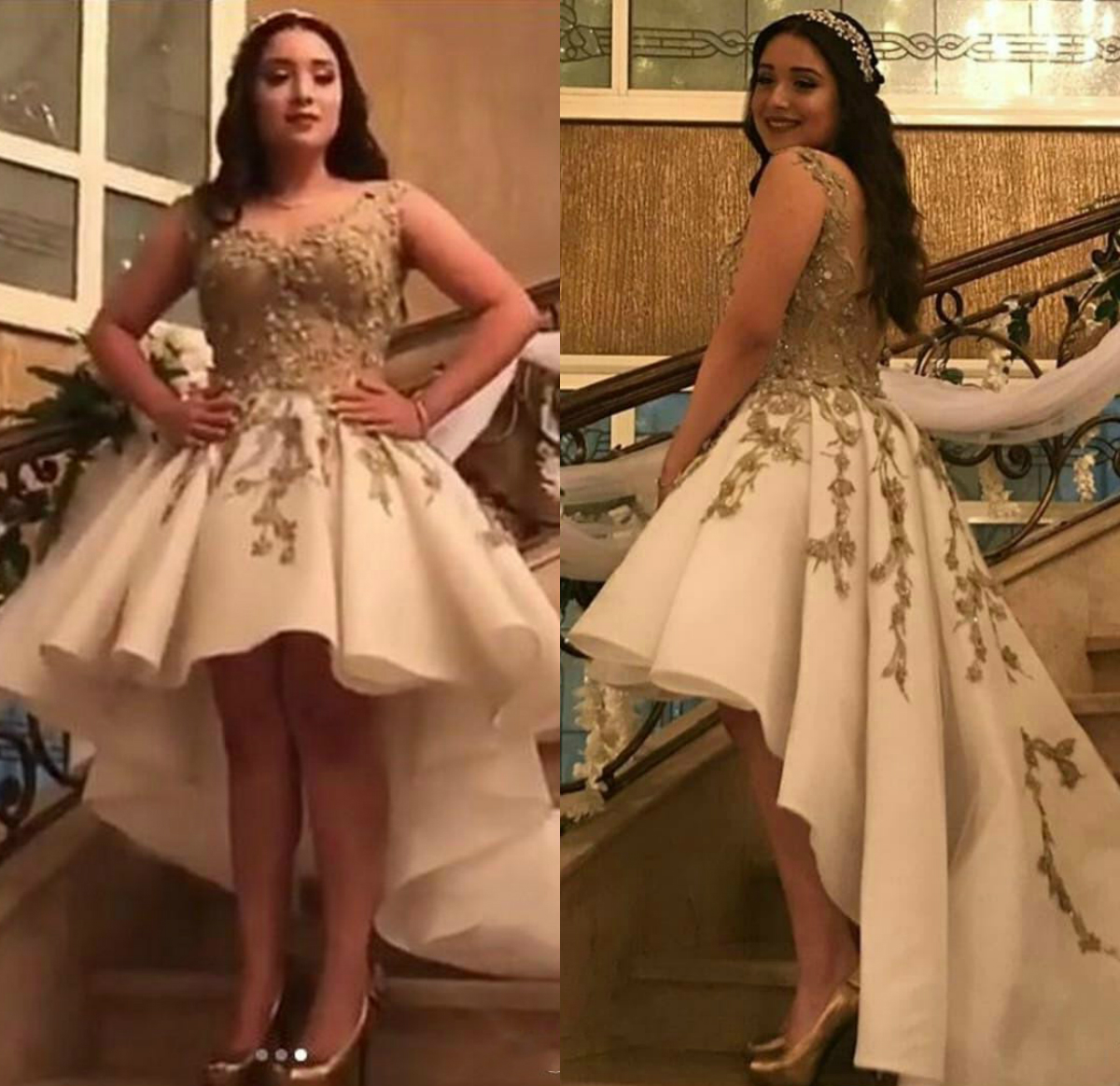 High Low Cocktail Dresses V Neck Lace Appliques Beaded Sequins Formal Evening Gowns A Line Arabic Prom Dress Party Wear