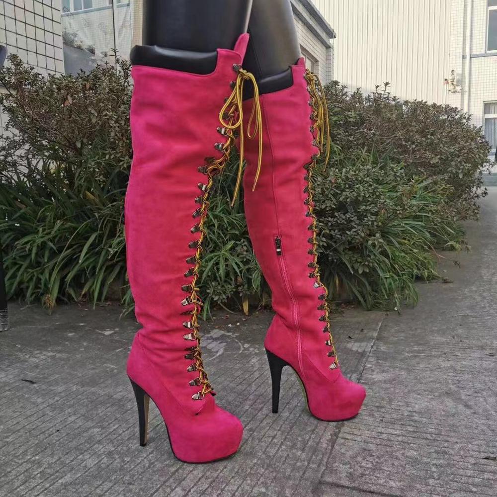 Rontic Handmade Women Platform Over The Knee Boots Thin High Heels Boots Round Toe Charm Red Party Shoes Women Plus US Size 5-20