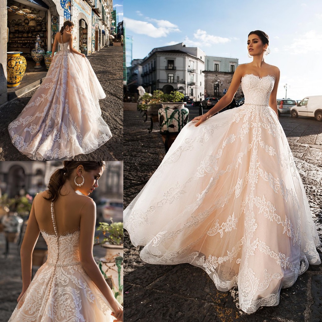 Beaded Fashion Lace Wedding Dresses Sheer Bateau Neck Covered Buttons Bridal Gowns A Line Sweep Train Tulle Robe De Marie
