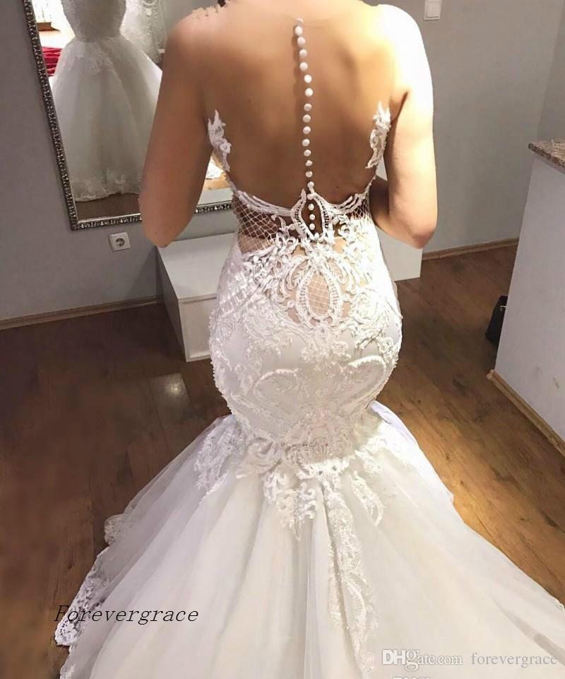2019 Sexy Illusion Mermaid Wedding Dress Vintage Arabic Sheer Neck Lace Appliques Long Bridal Gown Plus Size Custom Made