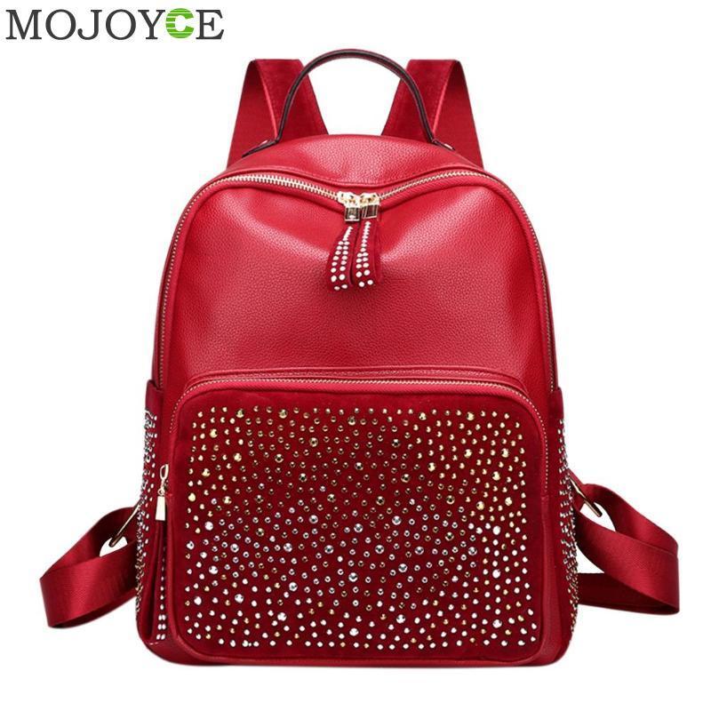 Leisure Style Women Backpack With Rhinestone PU Leather Female Backpacks High Capacity Travel Back Pack Bags Red Black Gold Y18110202