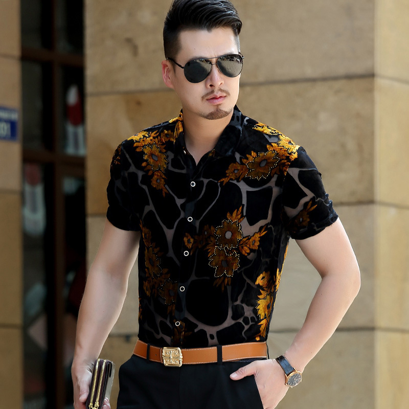 Red Flower Silk Shirt Camisa Social Masculina Transparent Velvet Shirt See Through Sexy Mesh Club Prom Party Outfit