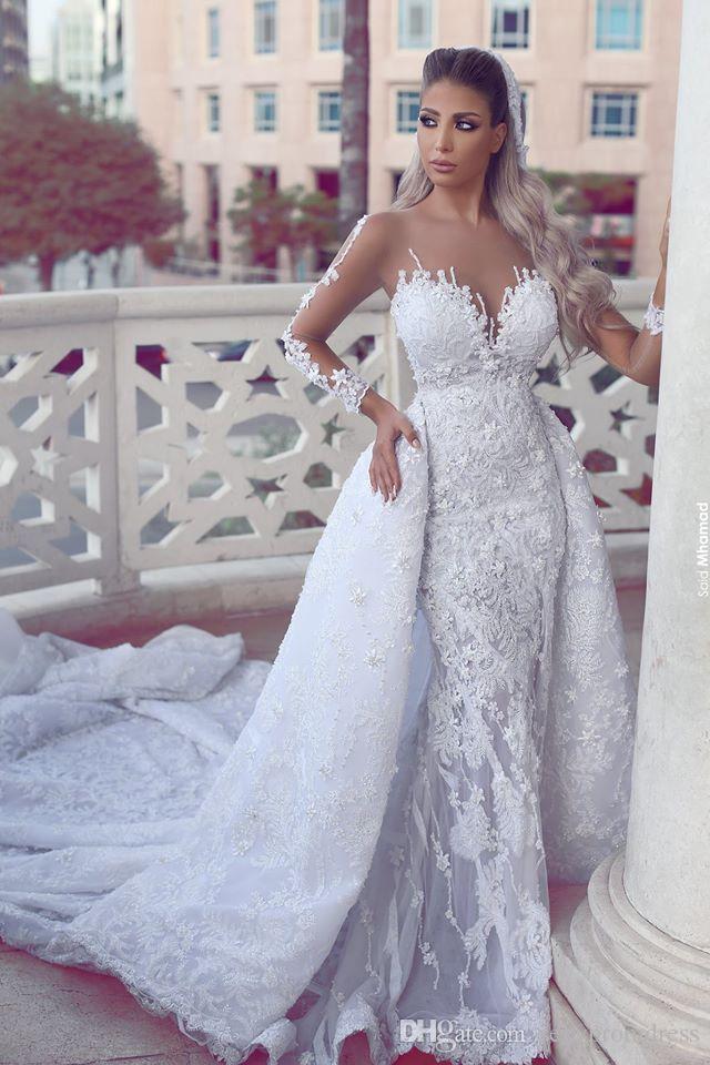 Said Mermaid Wedding Dresses Detachable Train Style Lace Bridal Gowns Sheer Neck Long Sleeves Buttons Vestidos Plus Size