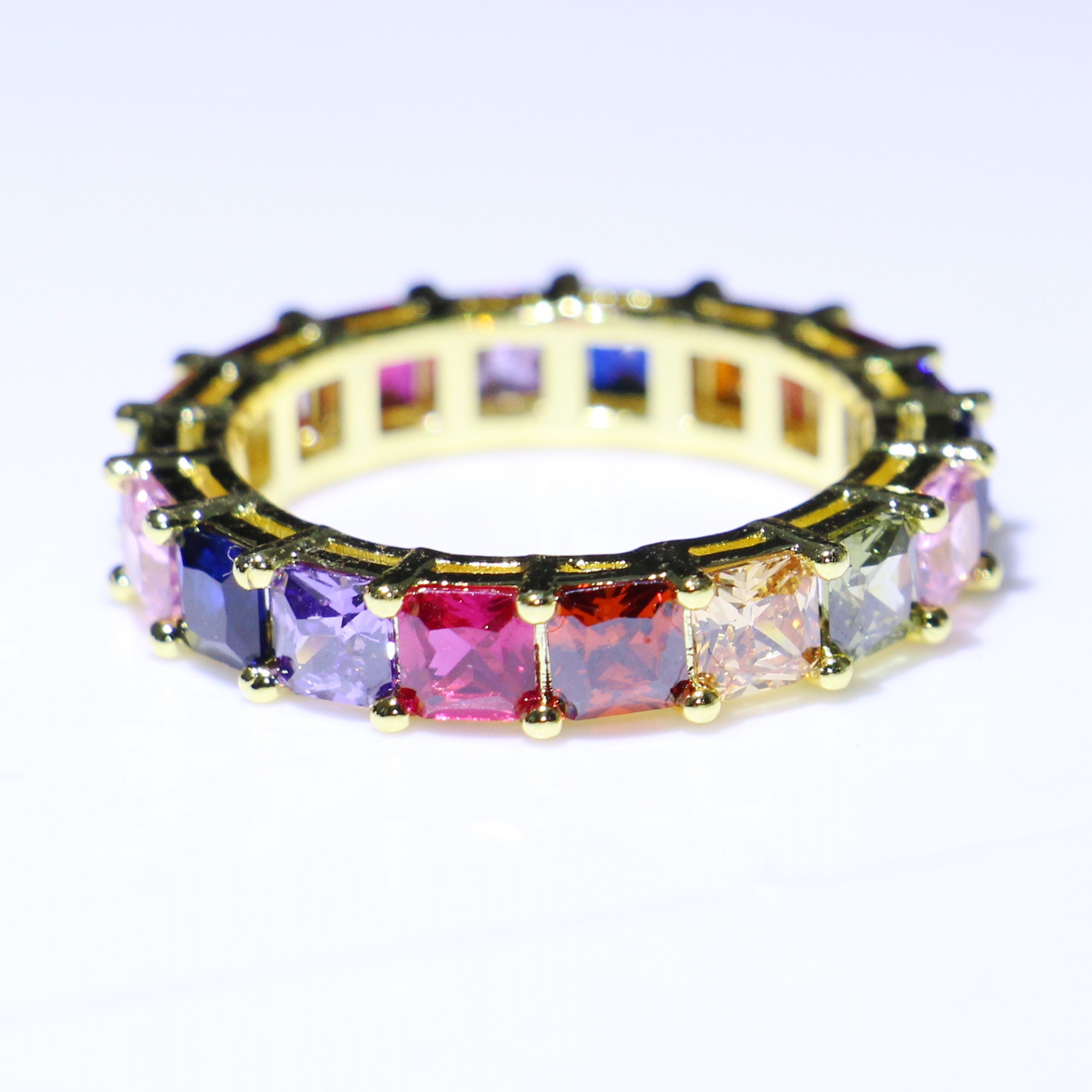 Size 5-10 New Arrival Hot Sale Luxury Jewelry 925 Sterling Silver&Gold Fill Princess Cut Multi Topaz CZ Diamond Seven Color Women Band Ring