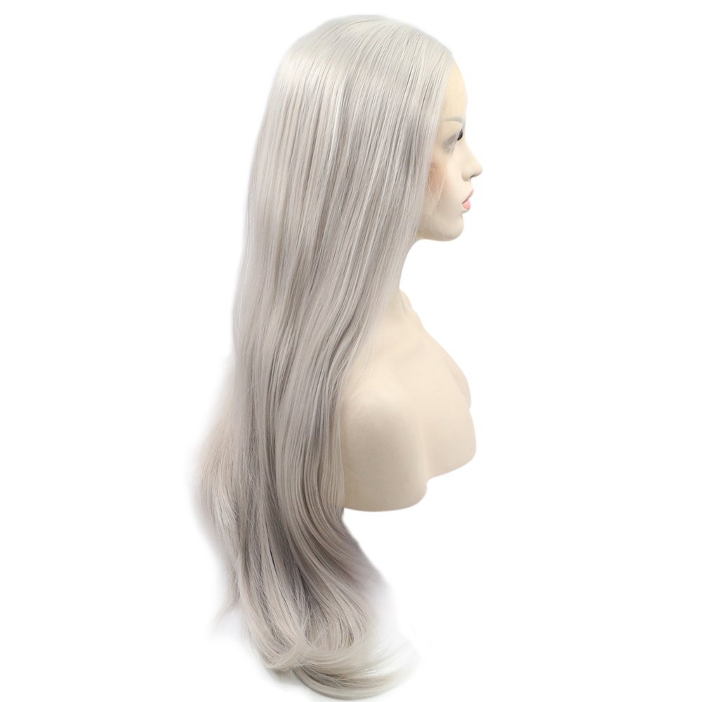 Hotsellling Grey Color long wig 150% High Density Heat Resistant Hair handmade cosplay party Synthetic Lace front wig for Women