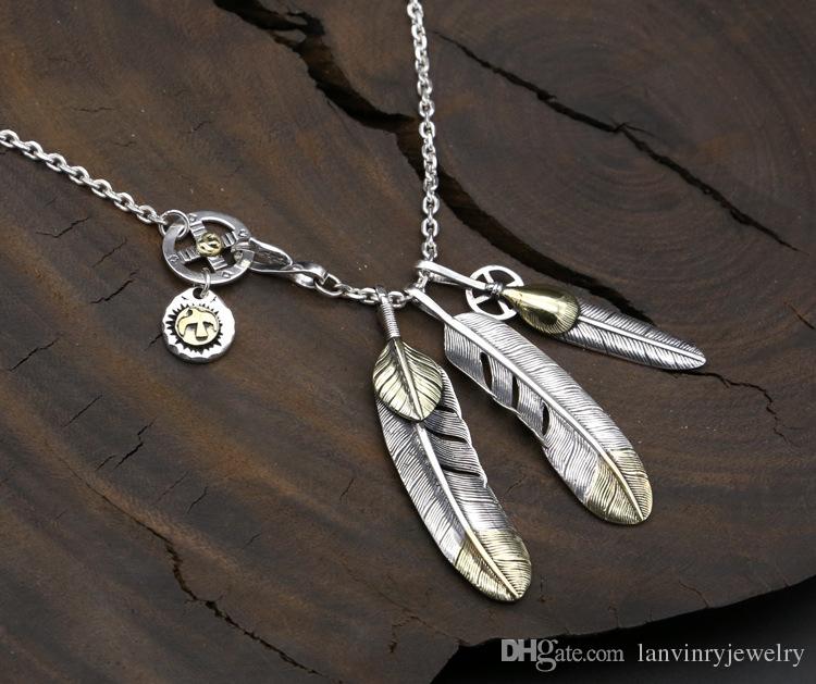 Brand new 925 sterling silver vintage jewelry antique silver hand-made designer eagle sign and feather pendant punk necklace for men women