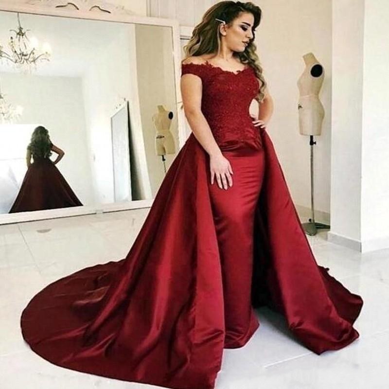 New Dark Red Bury Mermaid Prom Dresses Off Shoulder Lace Appliques Overskirts Satin Long Sexy Arabic Party Evening Dress Wear Gowns