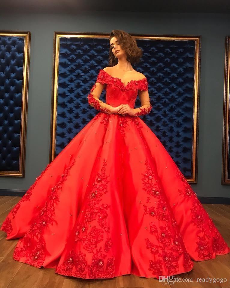 Red Elegant Ball Gown Quinceanera Dresses Lace Applique Off Shoulder Long Sleeve Puffy Skirt Arabic Dubai Evening Gowns Vestidos 15 anos