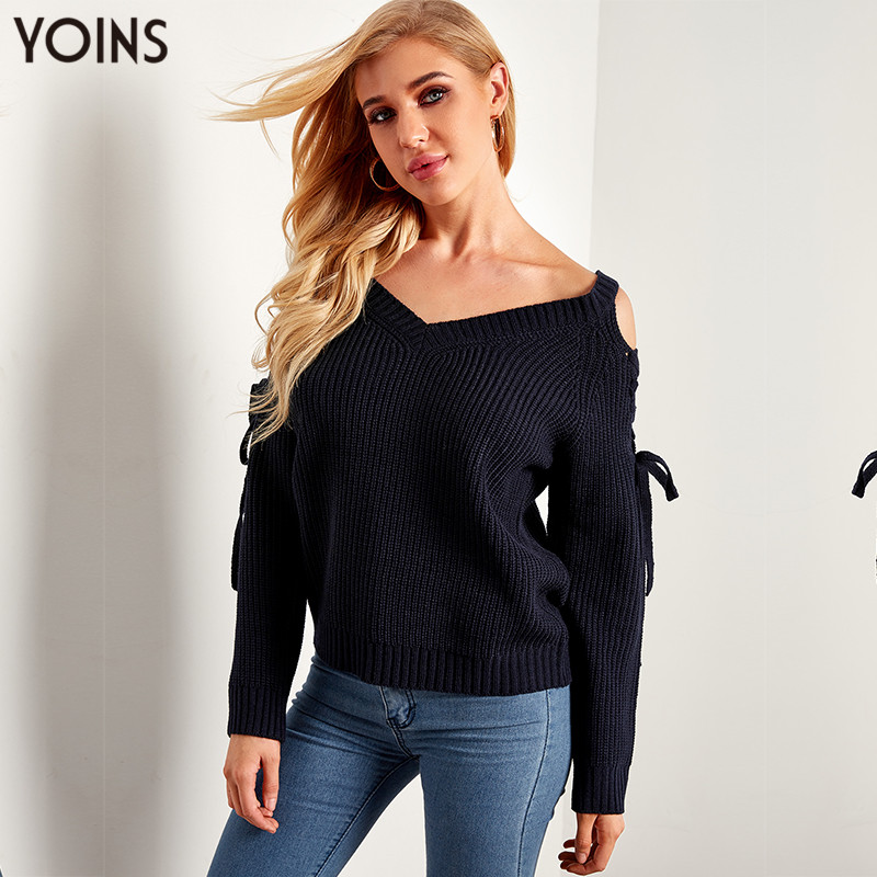 

YOINS 2019 Autumn Winter Clothes Women Sweater V-neck Cold Shoulder Lace-up Long Sleeve Jumper Femme Soft Knitted Tops Pullover, Blue
