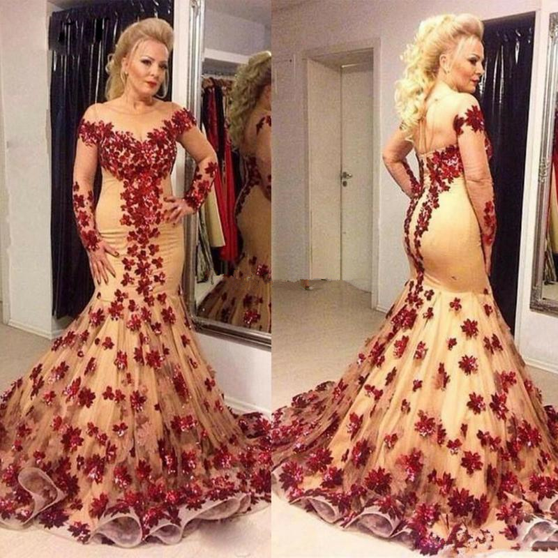 Plus Size Mermaid Prom Dresses Long Sleeve Lace Appliques Evening Gowns Caftan Mother Of The Bride Dress robes de soirée