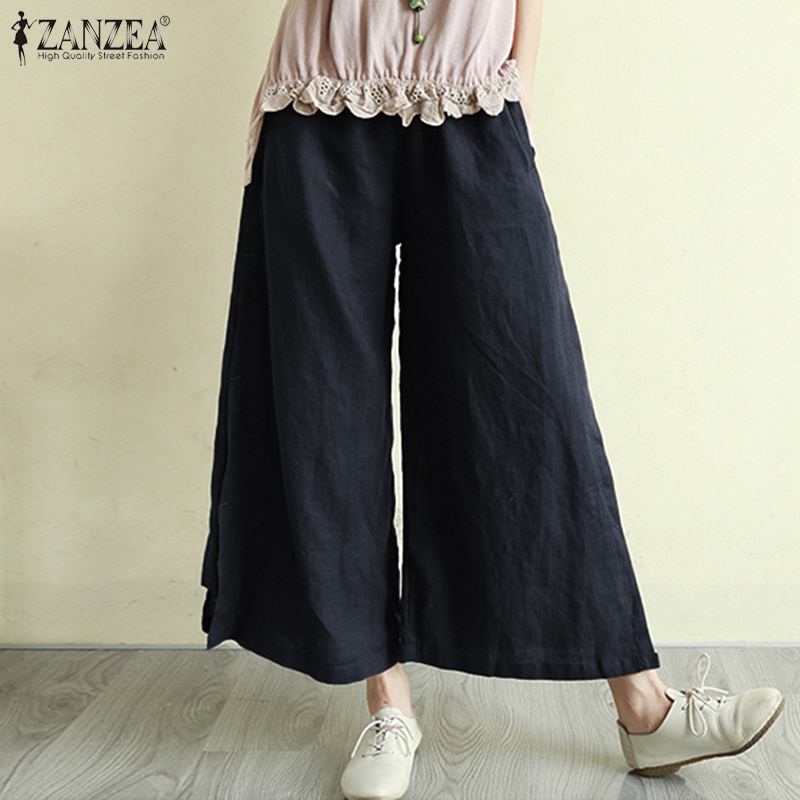 

5XL ZANZEA Fashion Pantalons Spring Elastic High Waist Wide Leg Pants Women Casual Solid Cotton Long Flare Trousers Palazzo, Beige