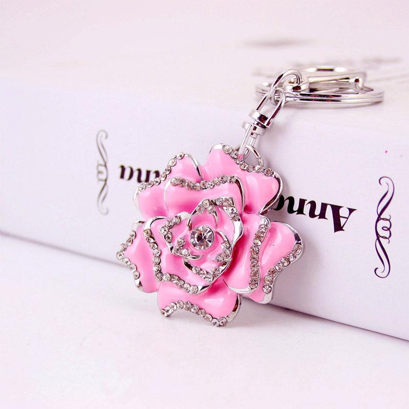Peony Flower Pendant Key Chain Enamel Alloy Rhinestone Paved Bag Keychain Holder Beauty Floral Metal Car Keys Ring Charms Jewelry Gift Keyring Accesso