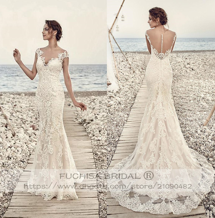 Cap Sleeved Champagne Lace Wedding Dress with Illusion Back Fit to Flare Slim Bridal Dress Gown Custom Made, White
Cap Sleeved Champagne Lace Wedding Dress with Illusion Back Fit to Flare Slim Bridal Dress Gown Custom Made, White