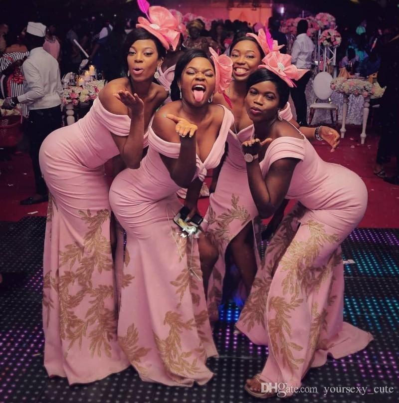 African Pink Mermaid Bridesmaid Dresses With Lace Appliques Off Shoulder Side Split Satin Wedding Guest Dress Plus Size Maid Of honor Cheap