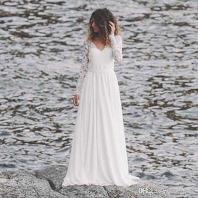 bohemian beach wedding dresses chiffon a line backless lace boho v neck wedding dress long sleeve bridal gowns robe de mariee