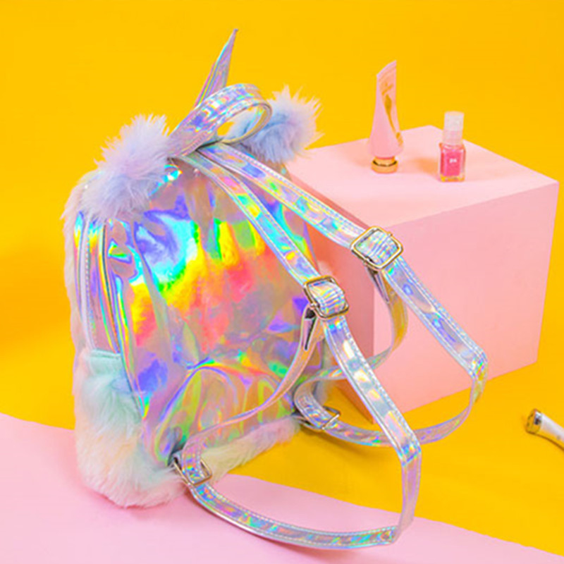 Plush Unicorn Hologram Backpacks Women Laser Mini Double Shoulder Bag Kawaii Lolita Student Rainbow Fur Backpack with Cute Ear Y18110202