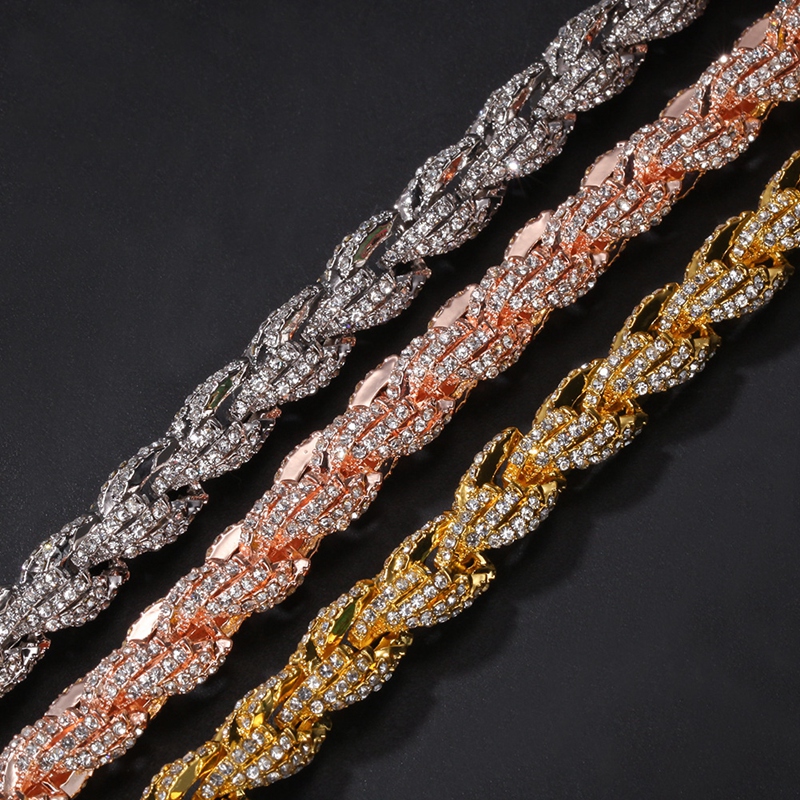 Mens Hiphop Iced Out jewelry Rose Gold Silver Twist Chain Hip Hop Necklace Diamond Bling Chains Necklaces