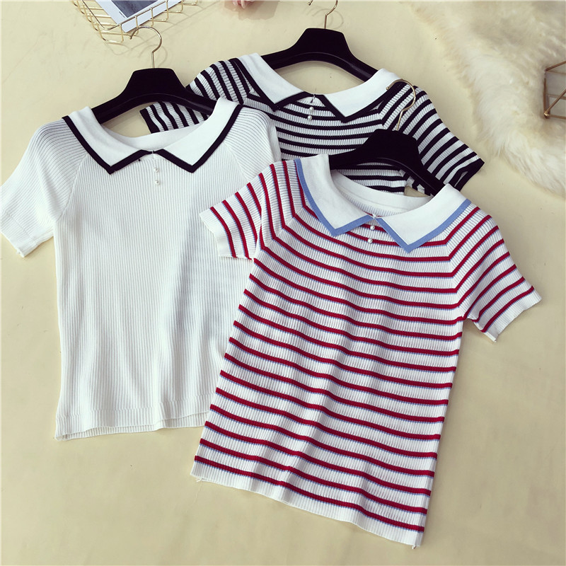 Women's Knitted Short Sleeve Pearl Stripe T-shirts Tops Girls Knitting Stetchy Tees T Shirts Top For Female, White 
Women's Knitted Short Sleeve Pearl Stripe T-shirts Tops Girls Knitting Stetchy Tees T Shirts Top For Female, White