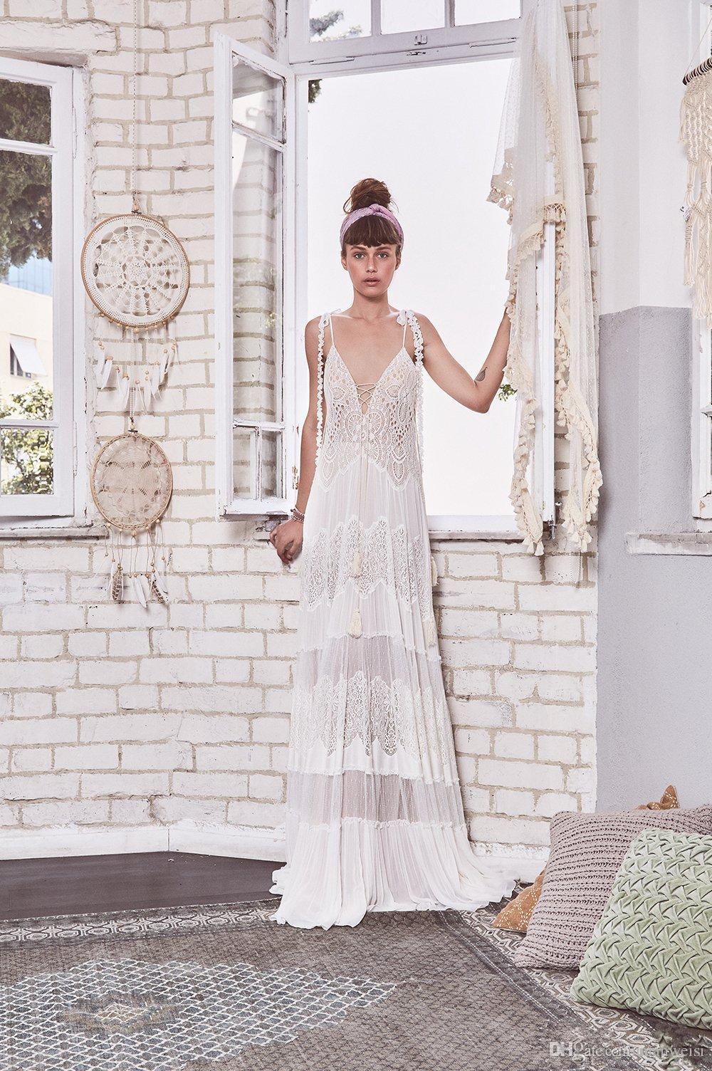 2019 Inbal Raviv Bohemian Wedding Dresses Spaghetti A Line Sweep Train Lace Appliqued Beach Wedding Dress Sleeveless Chic Bridal Gowns