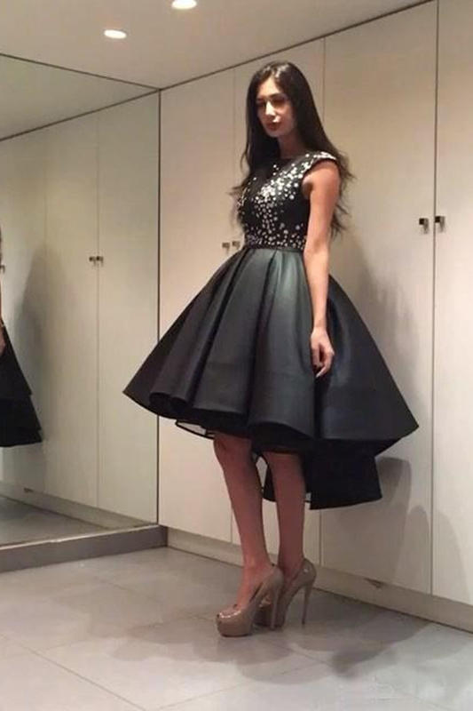 Prom Dresses Hi Lo Fancy Black Satin Ball Gown Party Dresses Cocktail Dress Cap Sleeves Evening Gowns