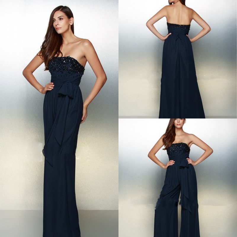 Navy Blue Strapless Prom Dresses Jumpsuits Beads Chiffon Pants Ankle Length Evening Gowns Plus Size robes de soirée Party Dress