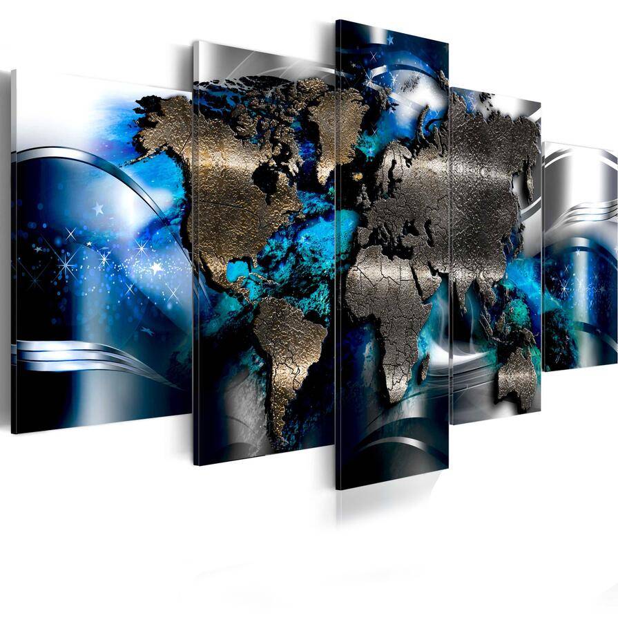 ( No Frame ) Canvas Print Modern Abstract Metal World Map Art Painting Home Decoration, Choose Color & Size