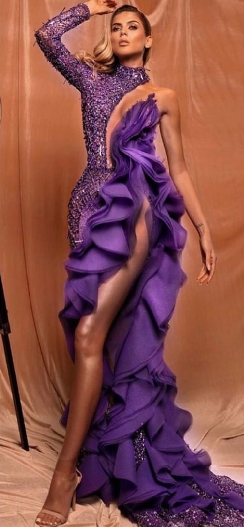2020 Purple One Shoulder Evening Dresses Backless Long Sleeve Illusion High Split Beading Mermaid Prom Gowns Ruffles Sequined robe de soiree