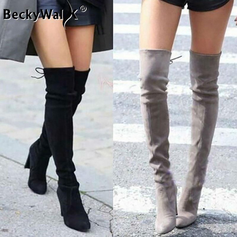 Faux Suede Slim Over the knee Boots Winter Women Boots Sexy Thigh High Female High Heel Shoes Woman Plus Size 43 WSH3443, Brown