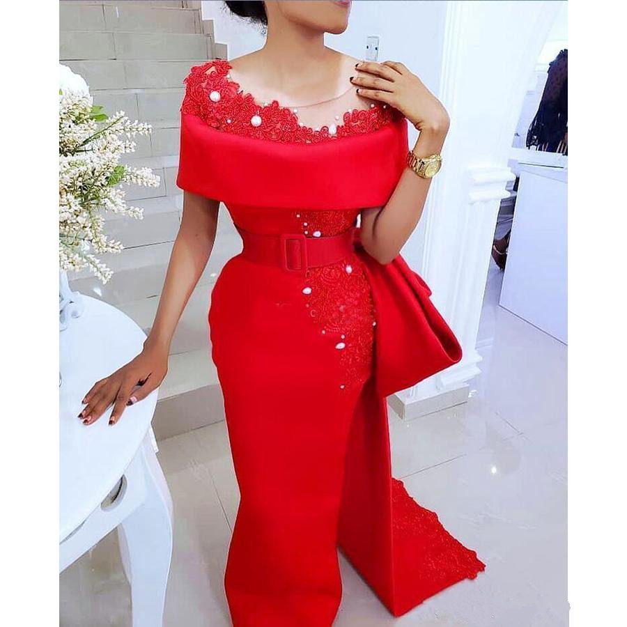 Saudi Arabic Red Prom Dresses With Sheer Neck Bow Train Beaded Pearls Mermaid Evening Gowns Satin Side Split African Formal Party Dress