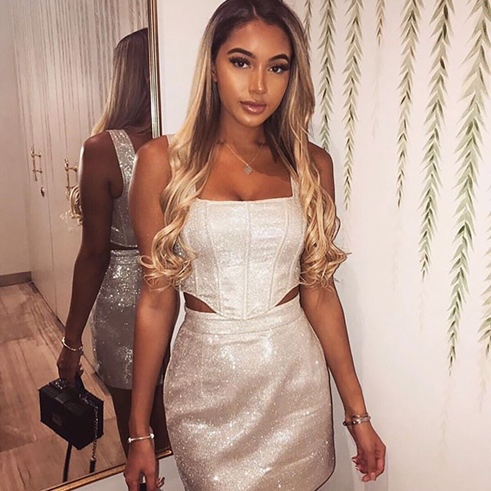 BOOFEENAA Silver Glitter Sexy Two Piece Set Crop Top and Skirt Women Club Outfits Birthday Party Matching Sets C55-AE71
