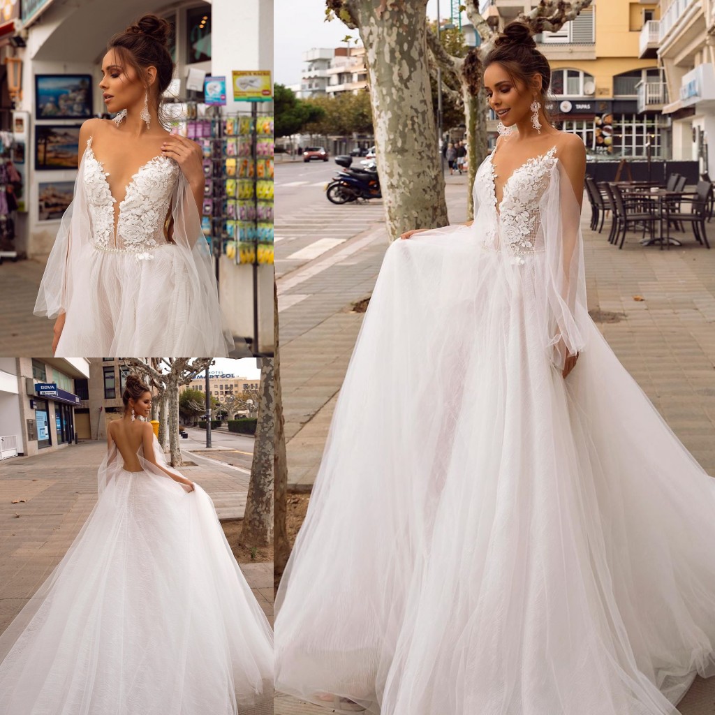 Line Fabulous A Lace Backless Wedding Dresses Deep V Neck Beaded Long Sleeves Bridal Gowns Sweep Train Tulle Robe De Marie