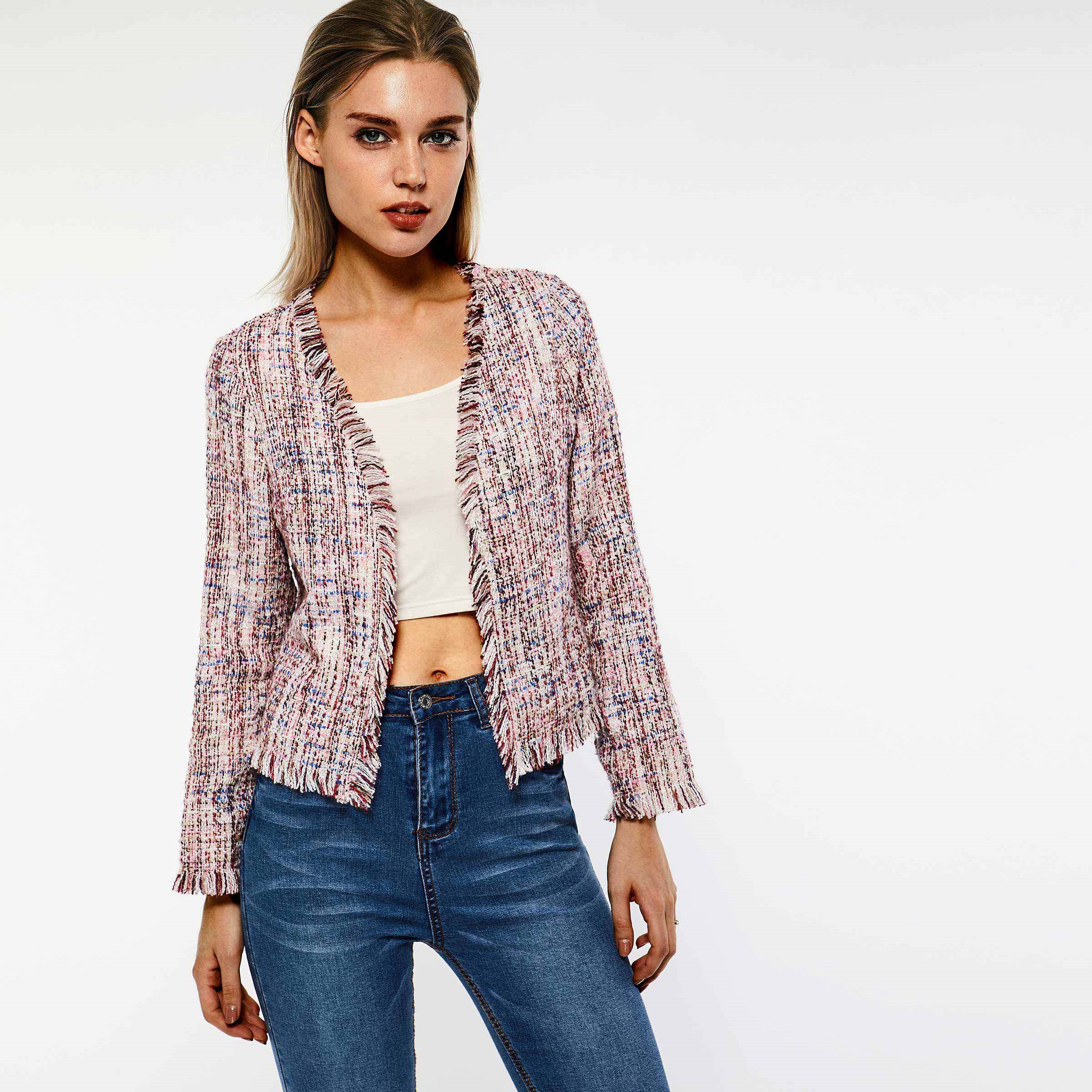 Women Vintage Spring Sweet Pink Tweed Short Jacket Coat Office Lady Work Retro Boho Tassel Slim Outerwear Jackets Coats C19041501