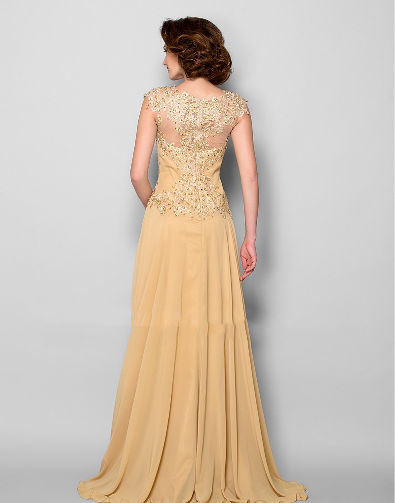 Elegant Gold Mother of the Bride Dresses A Line Lace Beaded Plus Size Chiffon Floor Length Zipper Back Mother's Dress Formal Prom Dresses